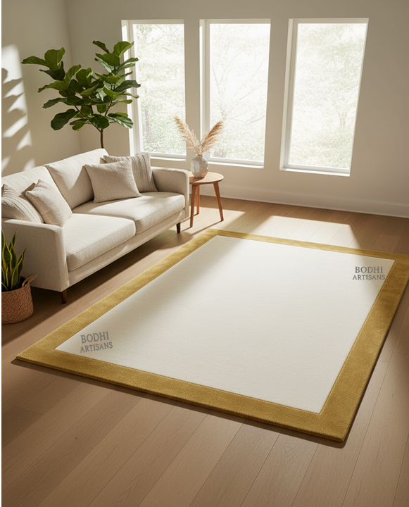 Ivory Wool Rug with Gold Border – Hand Tufted Minimal Area Rug