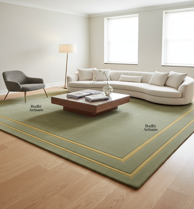 Elegant sage green handmade wool rug with minimalist border design. A modern luxury area rug perfect for living rooms, bedrooms, and contemporary homes.