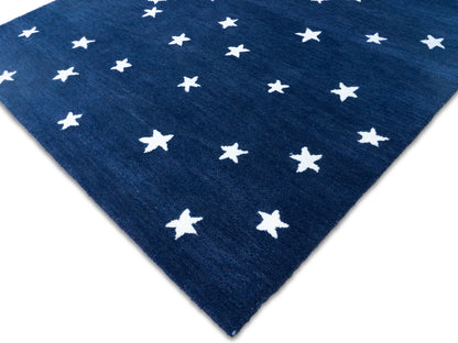 Navy blue white star wool rug for living room or bedroom, hand-tufted in India